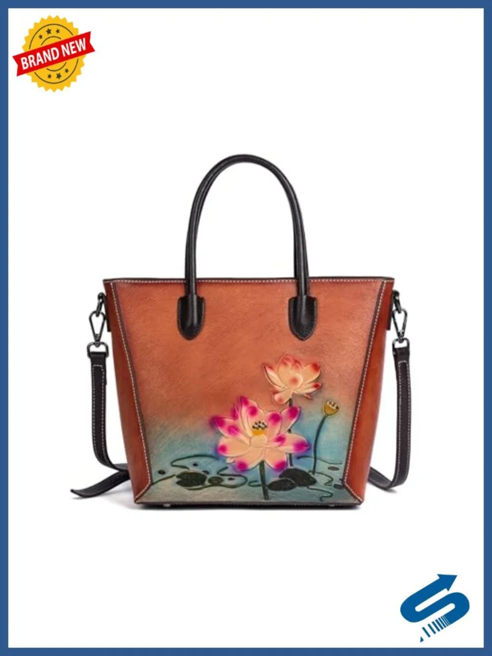 Genuine Leather Hand-Embossed Lotus Floral Satchel Bag with Detachable